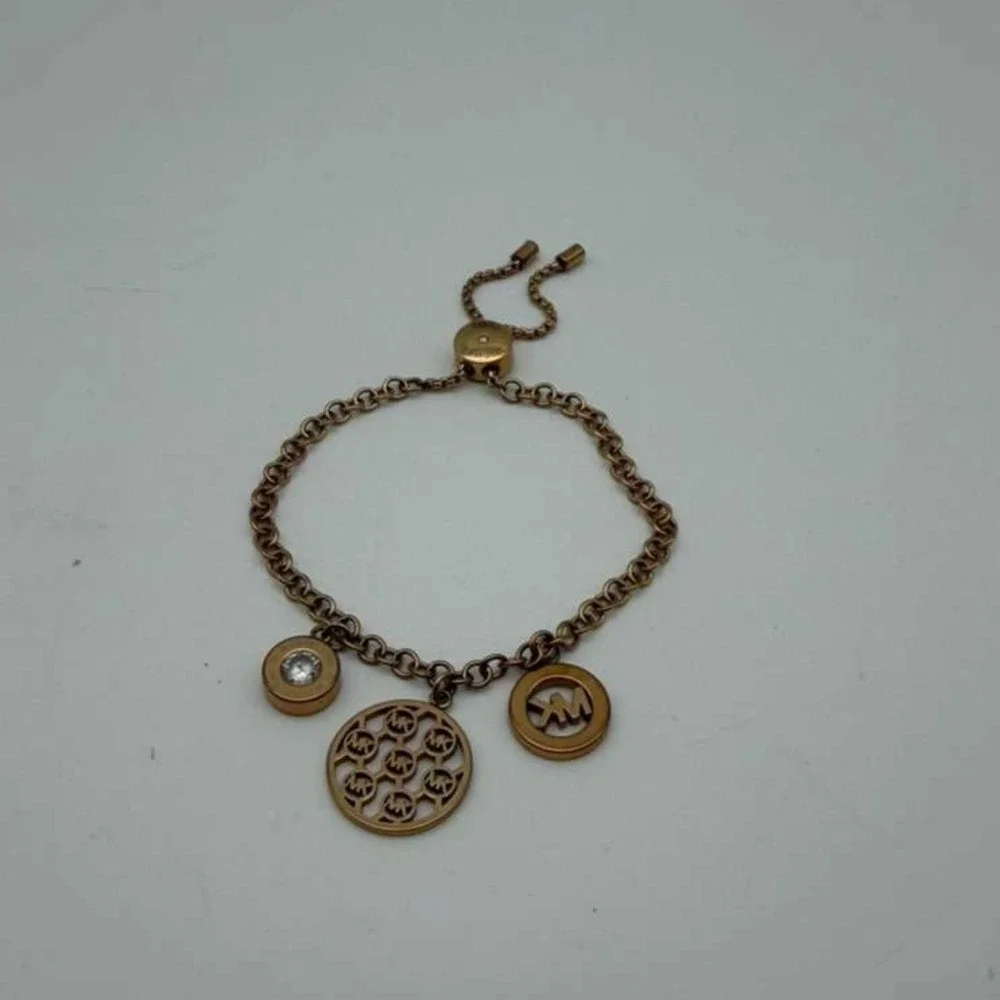 Michael Kors‎ Adjustable Gold Tone Charm Bracelet MK Logo Disc